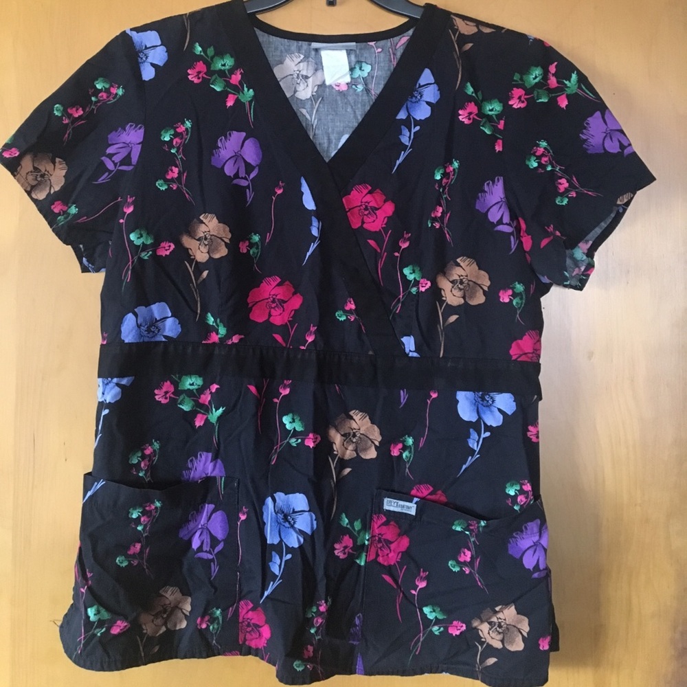 Black Floral Scrub Top