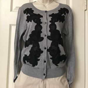 Cabi Lightweight Gray & Black Embroidered Sweater