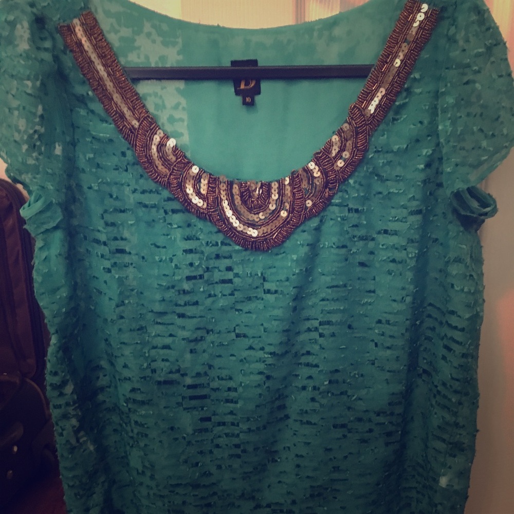 Anthropologie green blouse with gold sequin detail