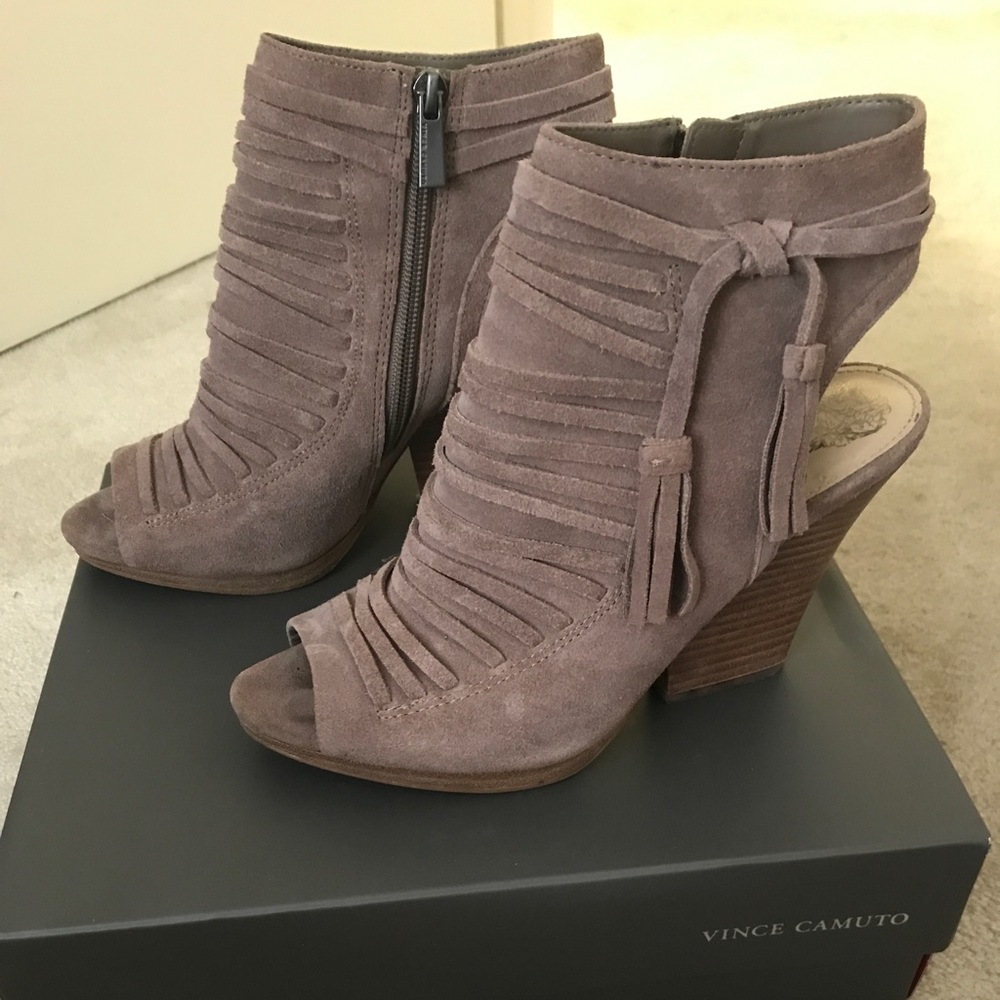 Vince Camuto Taupe Suede Peep Toe Bootie