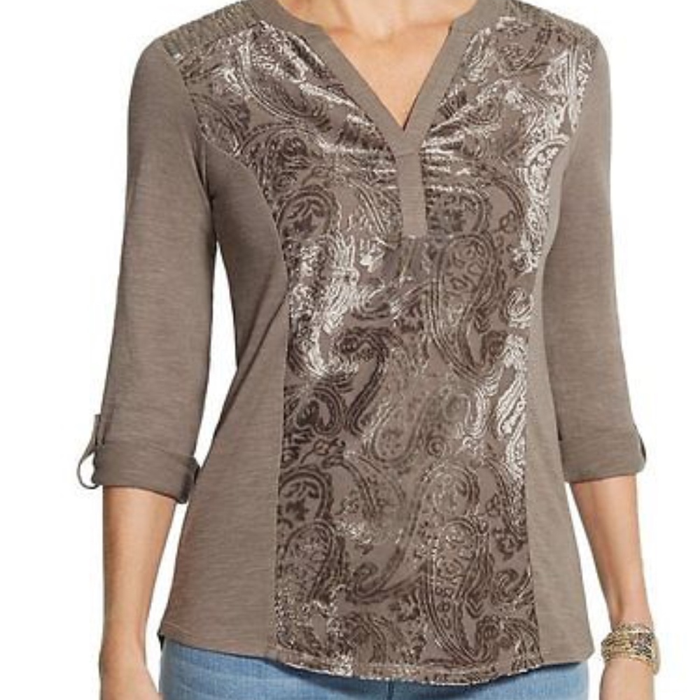 NWOT Chicos Bianka Burnout Henley Top Taupe Sz 3