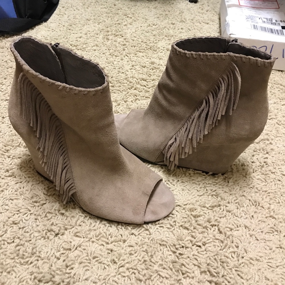 Vince Camuto wedge fringe booties