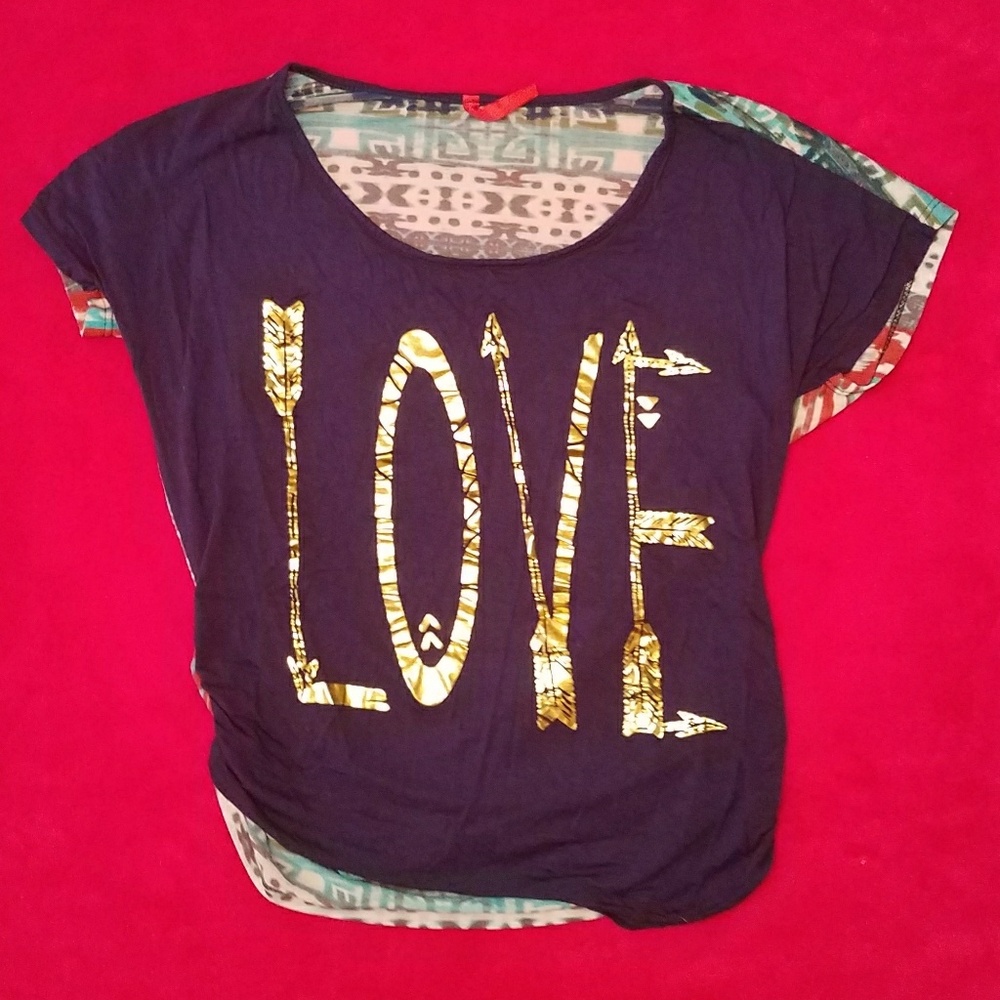 Blue "Love" Shirt with Cute Aztec Design on Back💙