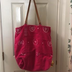 VS Pink Canvas Tote with Leather Straps