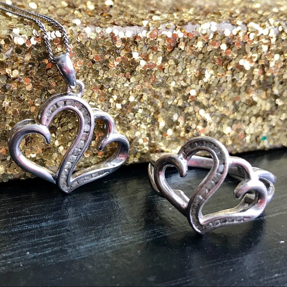 Jewelry - Matching Diamond Silver Double Heart Necklace Ring