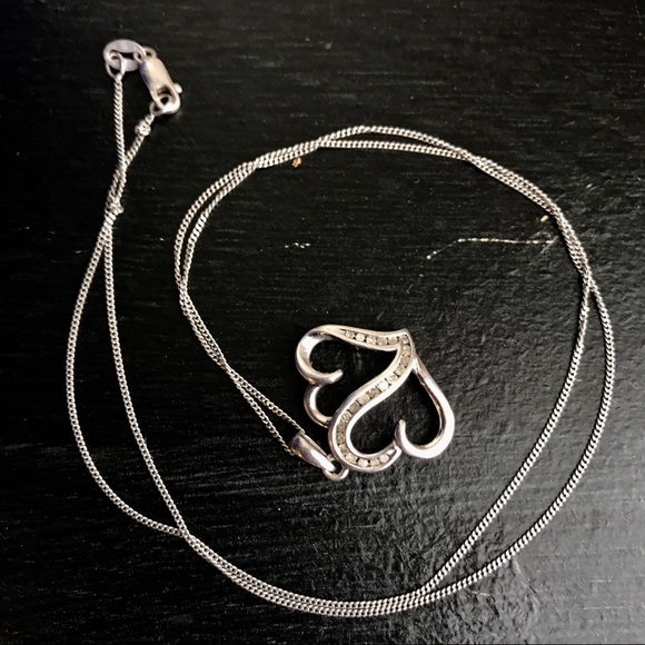 Matching Diamond Silver Double Heart Necklace Ring - Picture 2 of 7