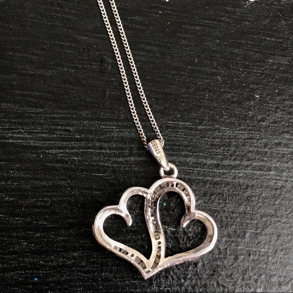 Matching Diamond Silver Double Heart Necklace Ring - Picture 3 of 7