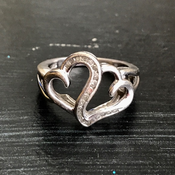 Matching Diamond Silver Double Heart Necklace Ring - Picture 4 of 7