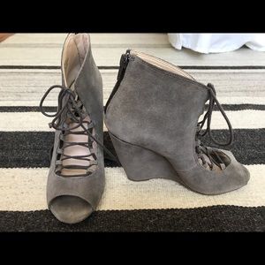 SHOEMINT JORDANE PEEP TOE LACE UP SUEDE WEDGES