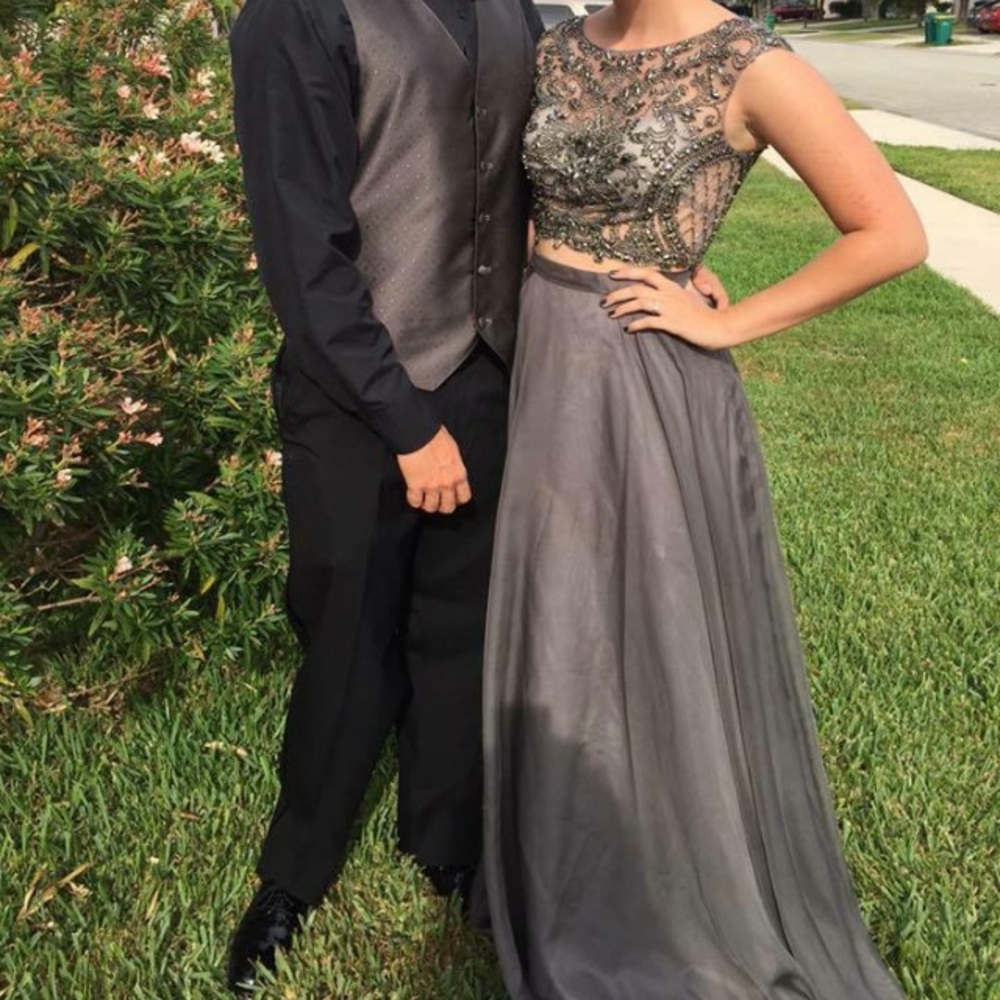 Charcoal grey two piece prom dress