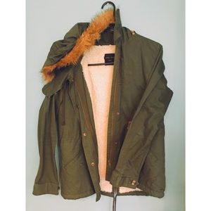 Love Tree - Army Green faux fur hooded fall coat