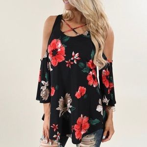 Cold shoulder floral print blouse