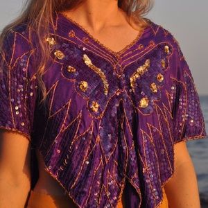 Vintage Flapper Butterfly Purple Sequin Silk Crop