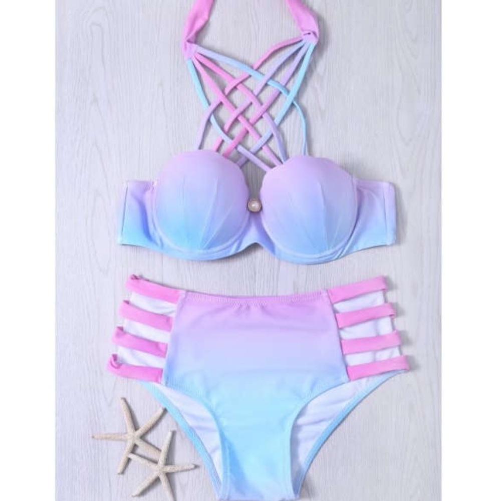 Lace-Up Hollow Out Gradient Bikini Set