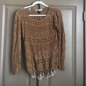 tanish green sweater with floral lace trim