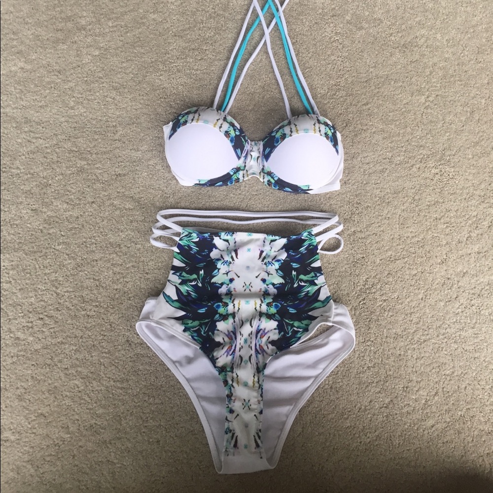 strappy blue and white floral bikini