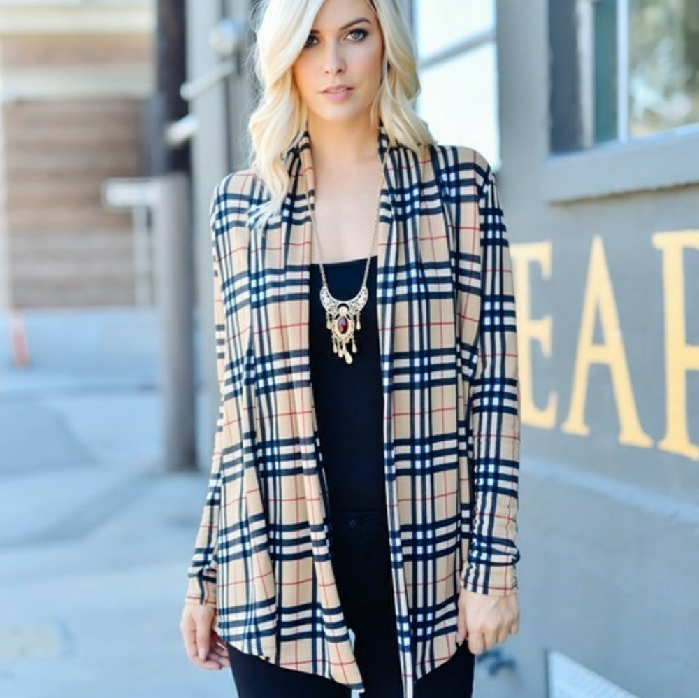 LONG SLEEVE OPEN FRONT PLAID PRINT CARDIGAN