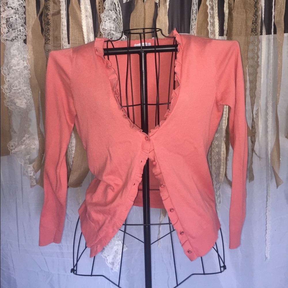 New coral New York & Company ruffle trim cardigan
