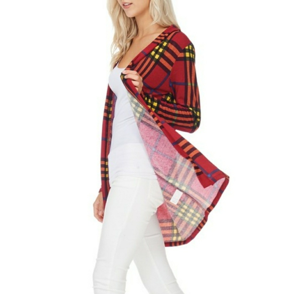BURGUNDY LONG SLEEVE PLAID OPEN CARDIGAN