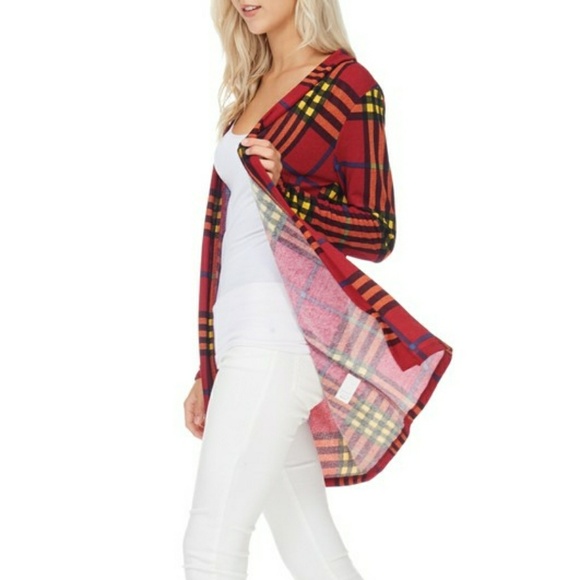 BURGUNDY LONG SLEEVE PLAID OPEN CARDIGAN - Picture 1 of 4