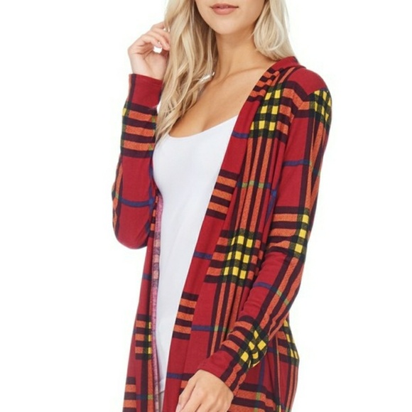 BURGUNDY LONG SLEEVE PLAID OPEN CARDIGAN - Picture 4 of 4
