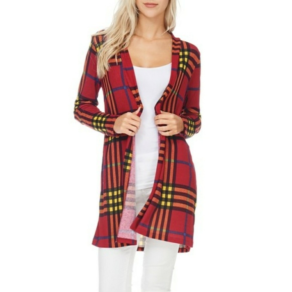 BURGUNDY LONG SLEEVE PLAID OPEN CARDIGAN - Picture 3 of 4