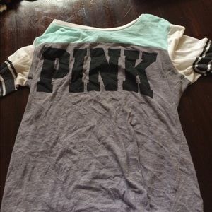 Long sleeve PINK grey and teal shirt