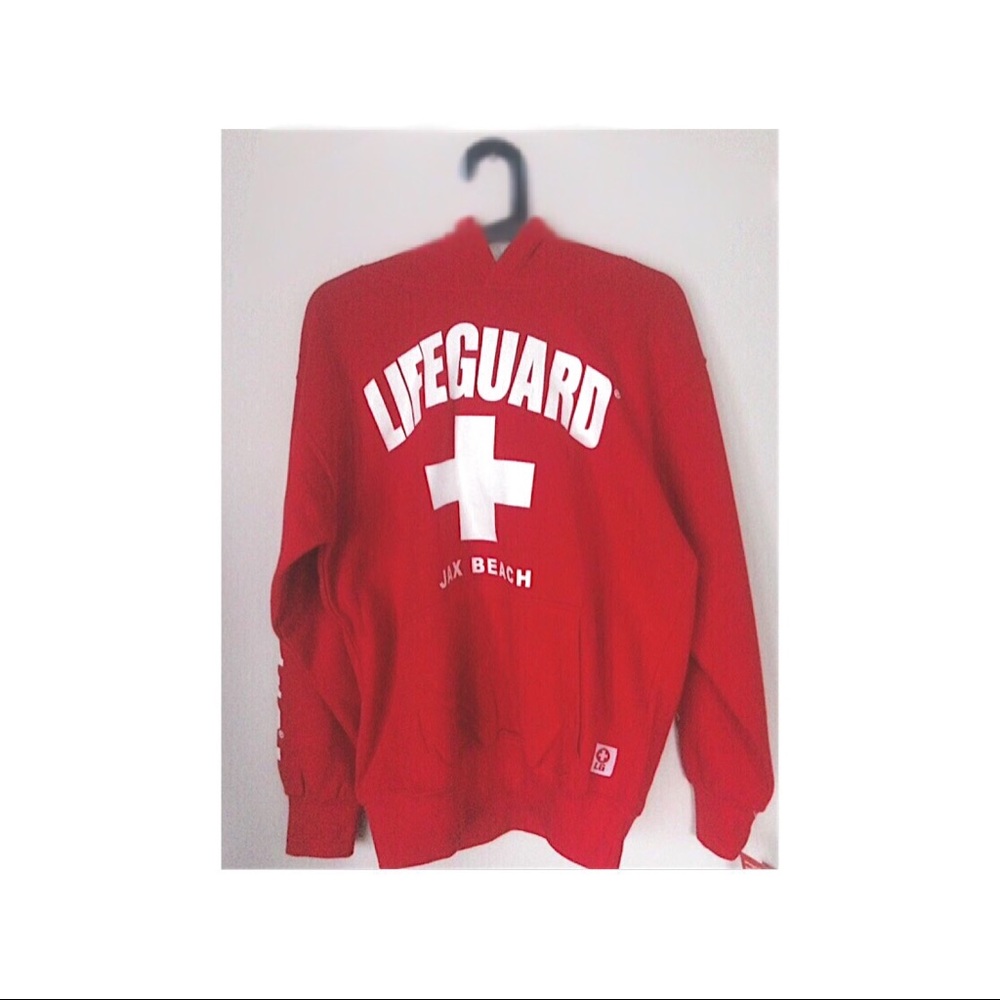 Red life guard hoodie.