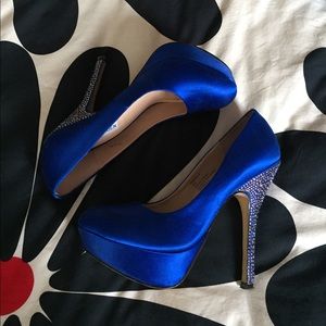 Navy blue platform heels with swarovski crystals