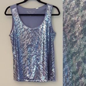 Chico's sequin top, silver & dusty purples size 1