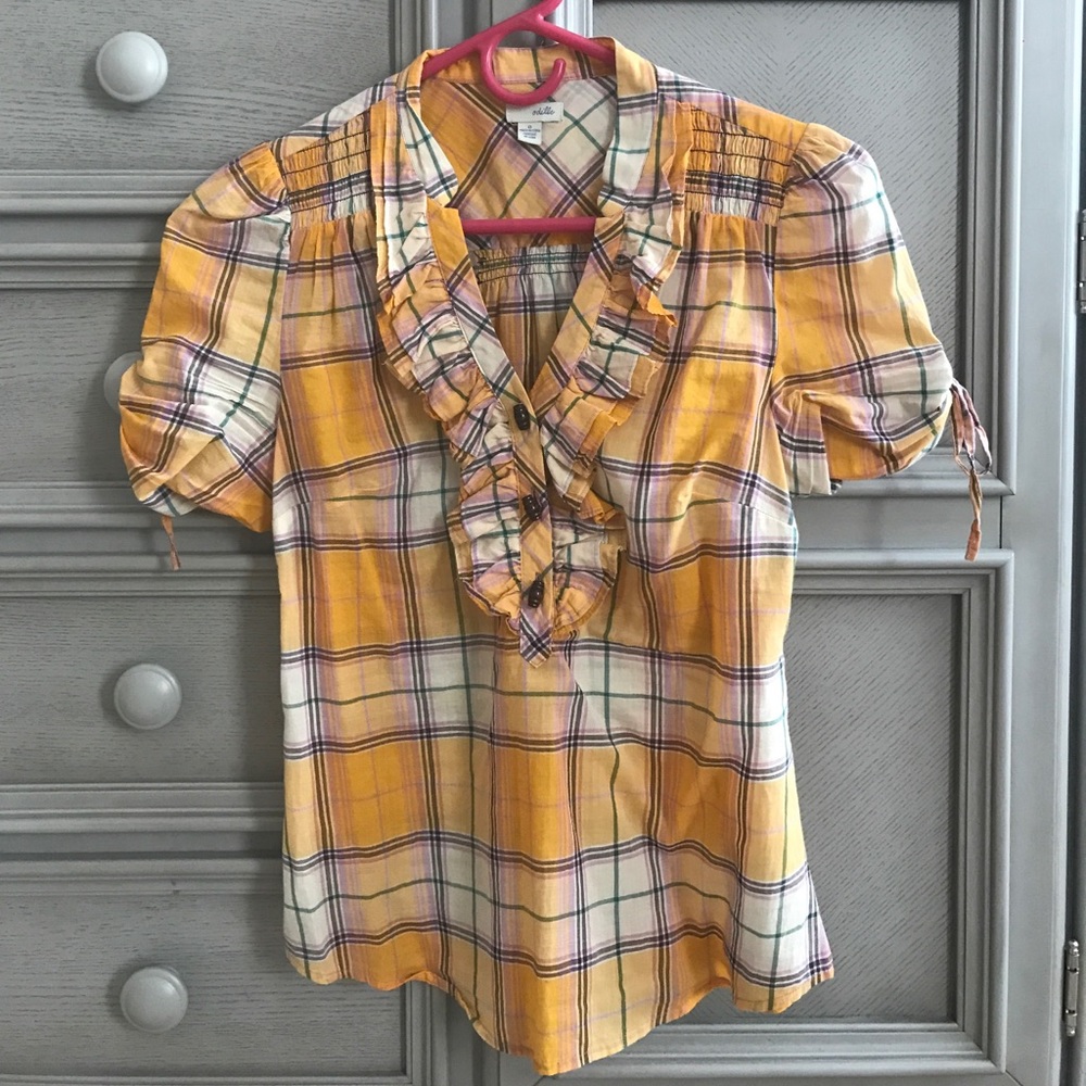 Anthropologie yellow plaid ruffled blouse