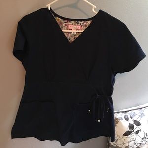 Navy blue Koi mock wrap scrub top