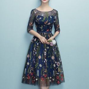 Navy Floral Embroidery Elbow-Sleeve Cocktail Dress