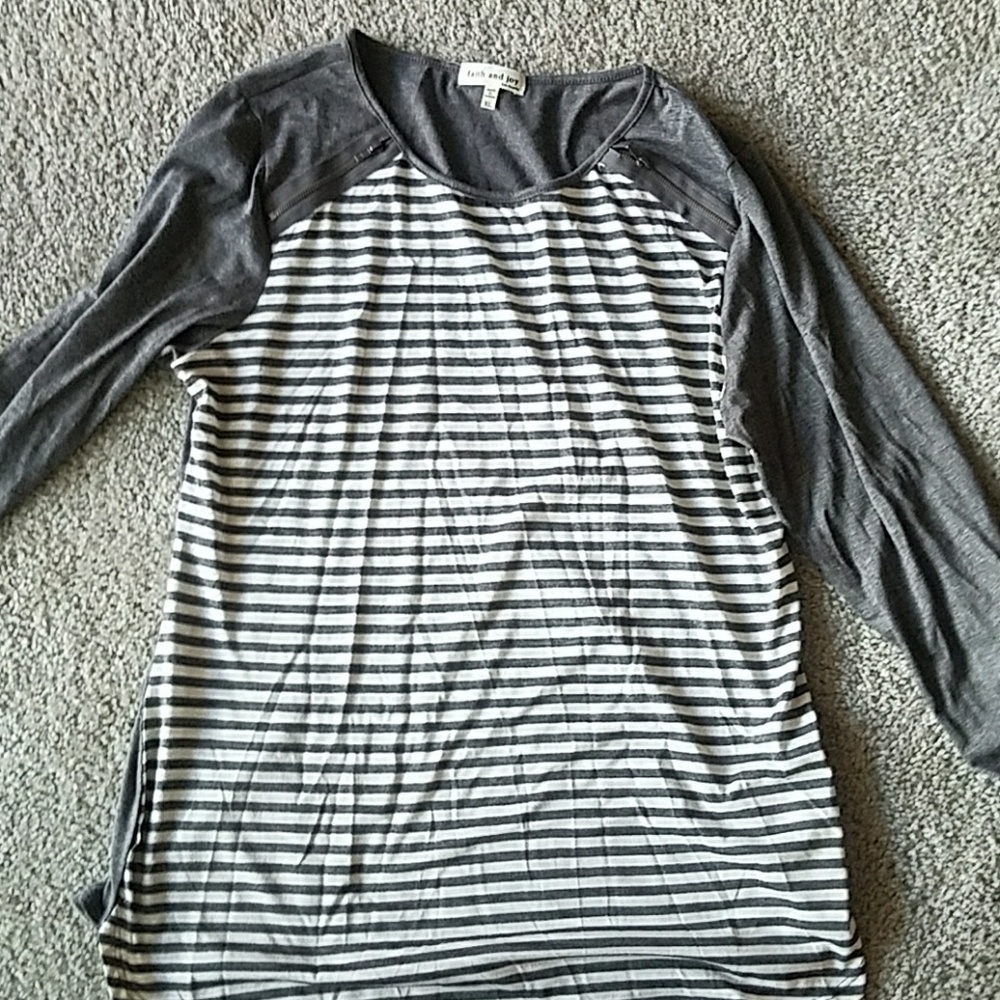 Long striped gray and white shirt