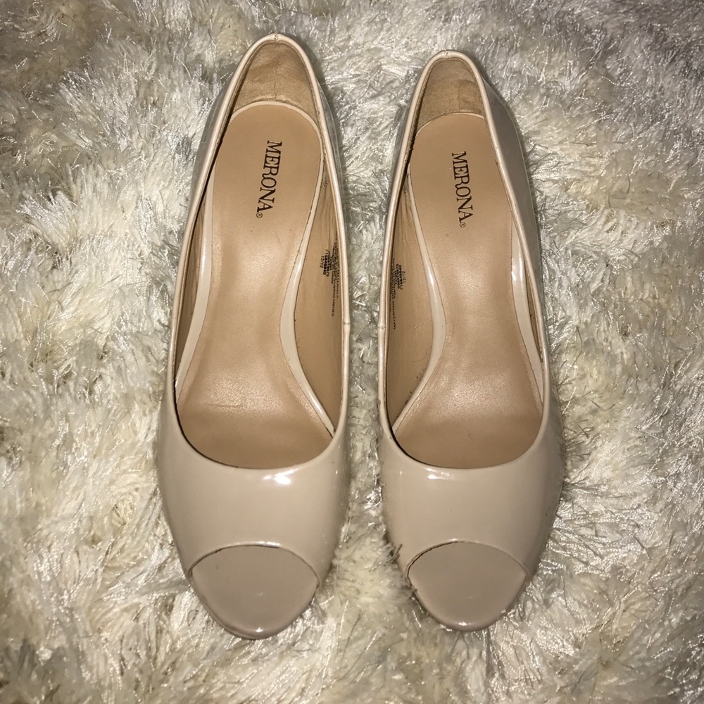 Nude patent leather open toe heels