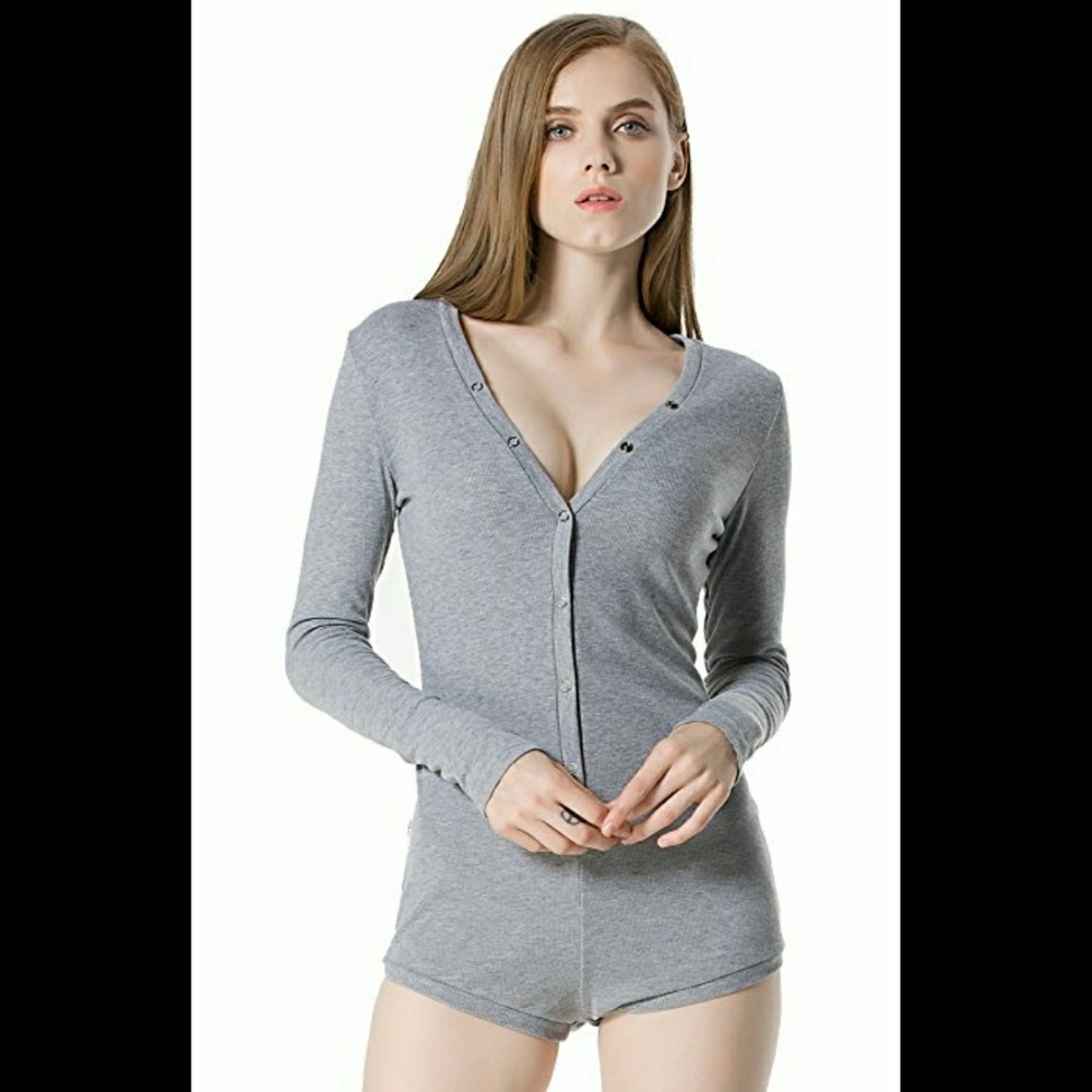 V neck one piece bodysuit bodycon in grey size med