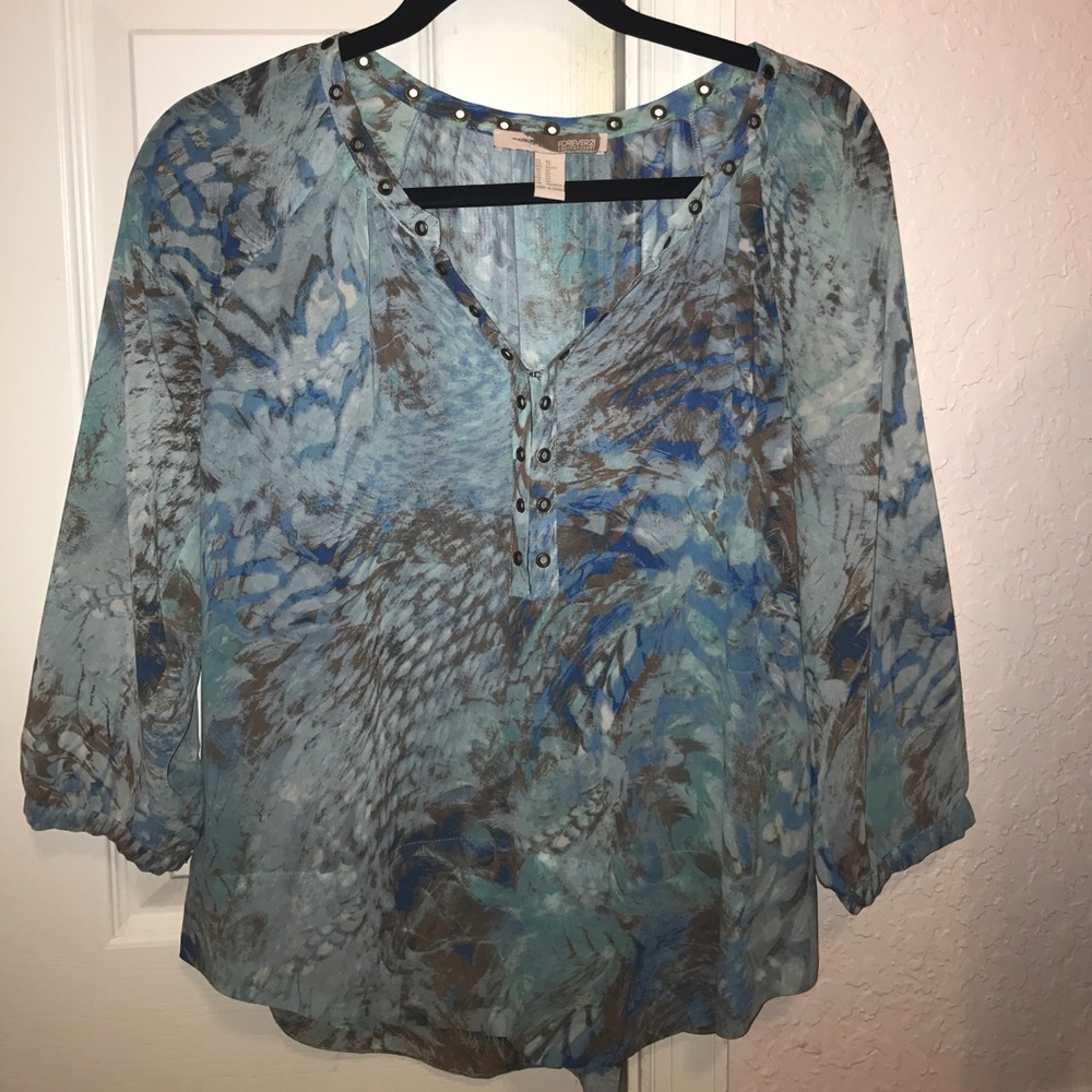 Forever 21 Contemporary Blue Peacock Grommet top