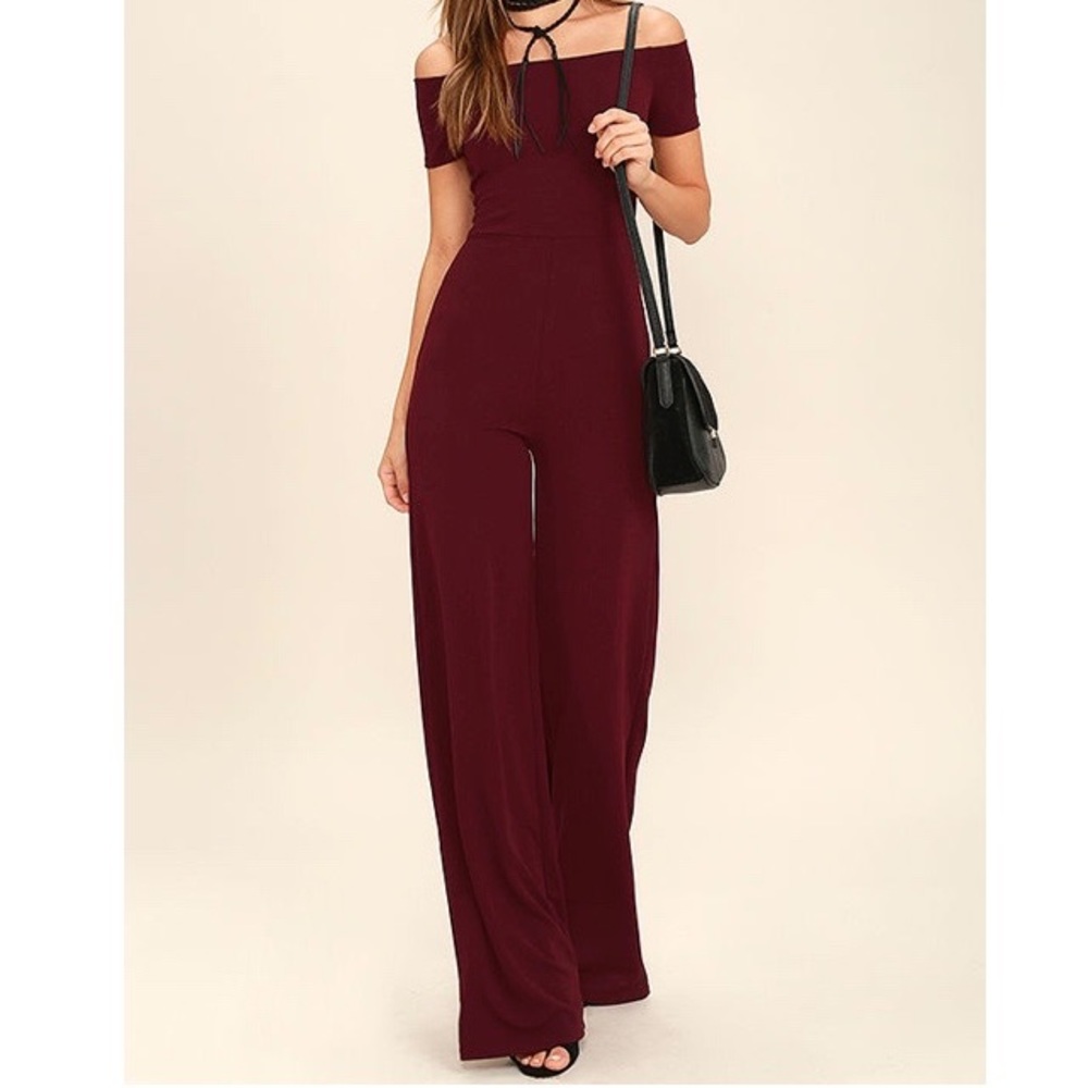 Burgundy off the shoulder jumpsuit