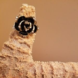 Gold plated cute rose CZ ring w/ black and enamel