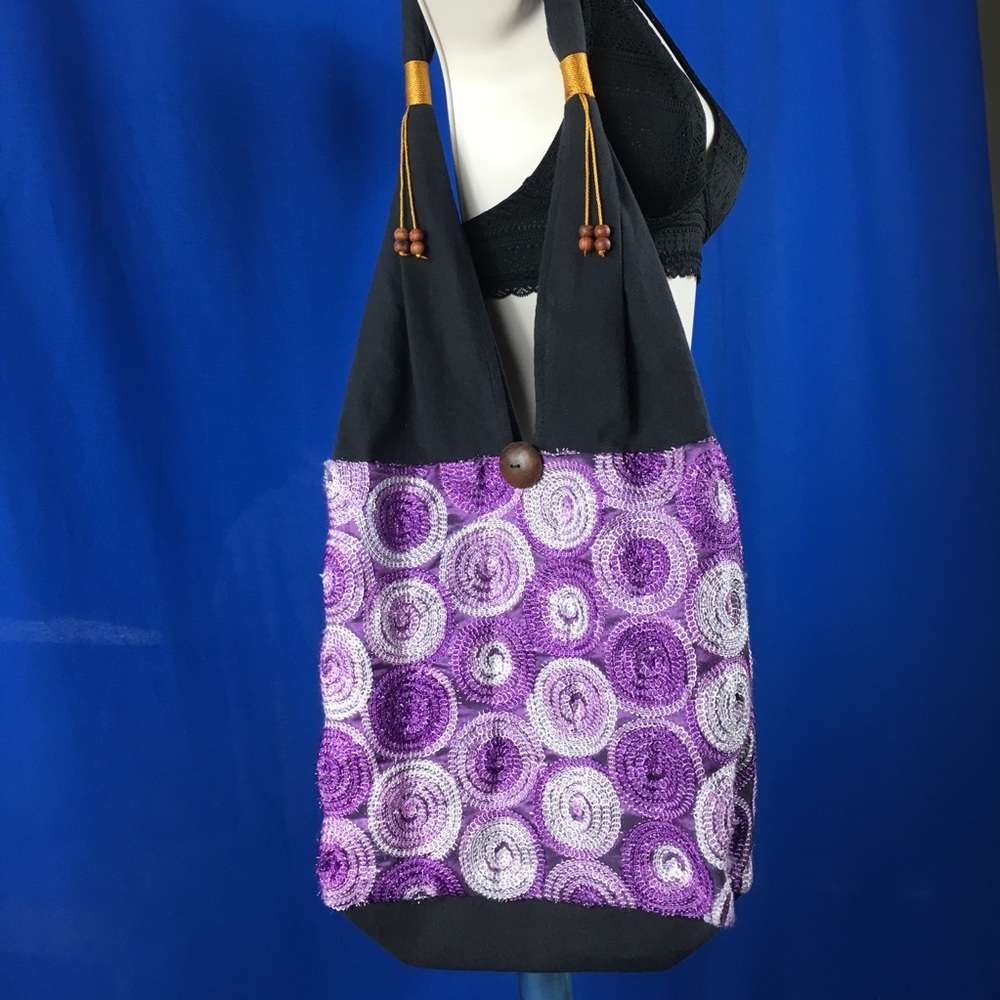 Thai Beach or Book Bag Purple Sequins Handmade