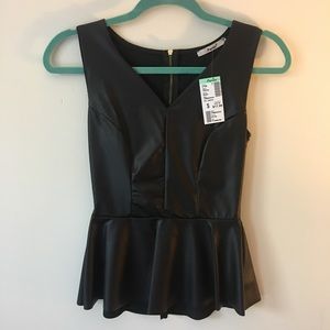 Black Faux Leather Peplum Top