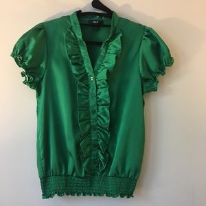 Green Satin Short Sleeve Buttoned Top