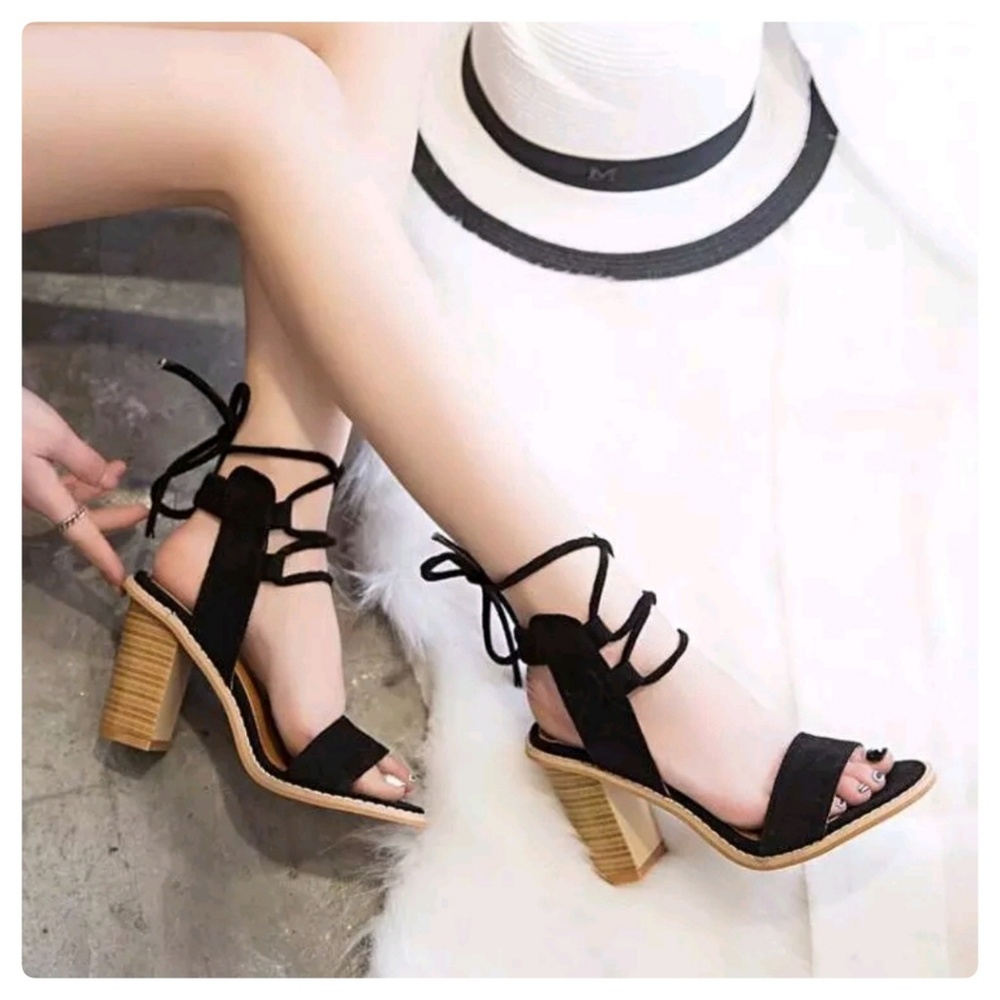 Black Open Toe Lace Up Heels