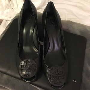 Black peep toe Tory butch wedges