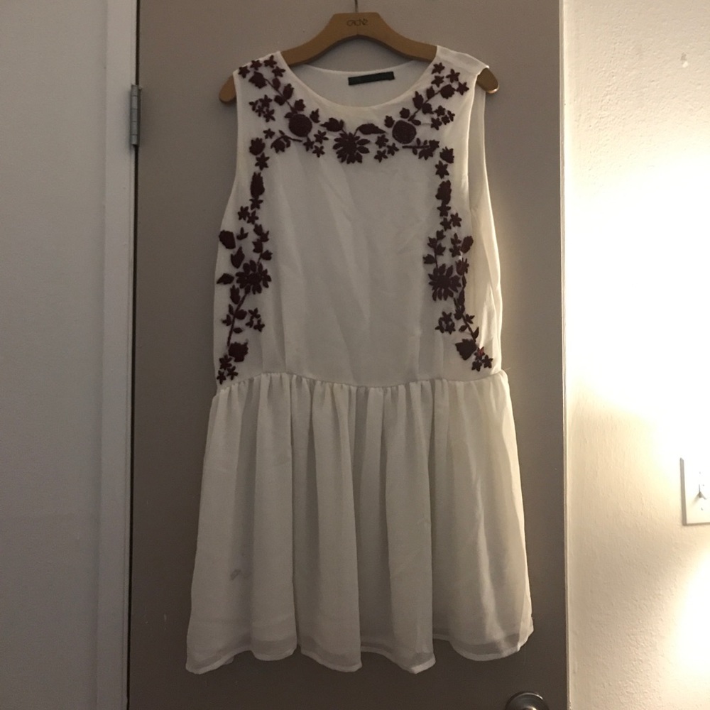 Zara white dress with maroon embroidered florals