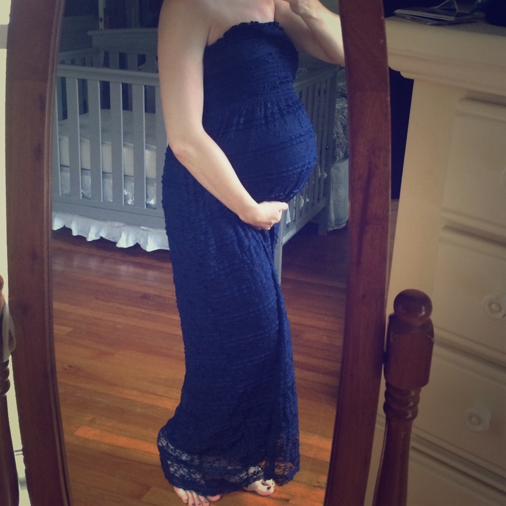 Dark Blue Lace Strapless Maxi Dress