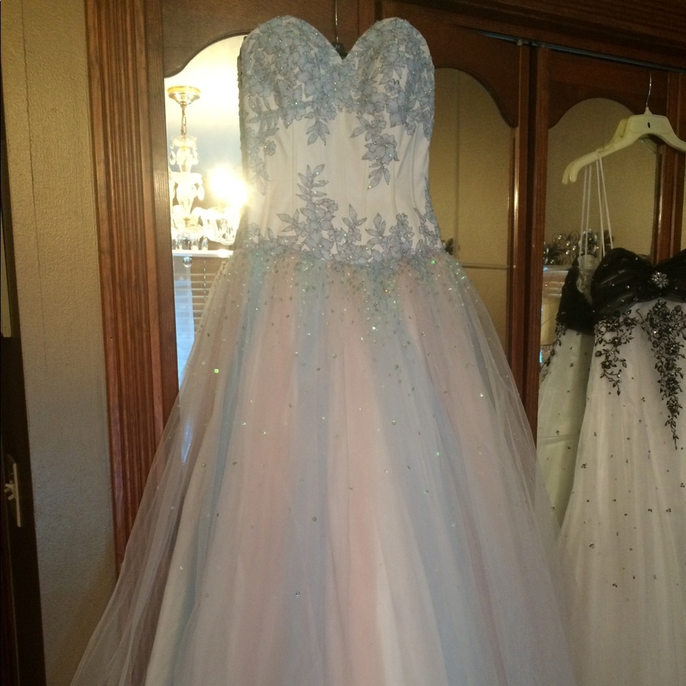 White pink and blue prom dress