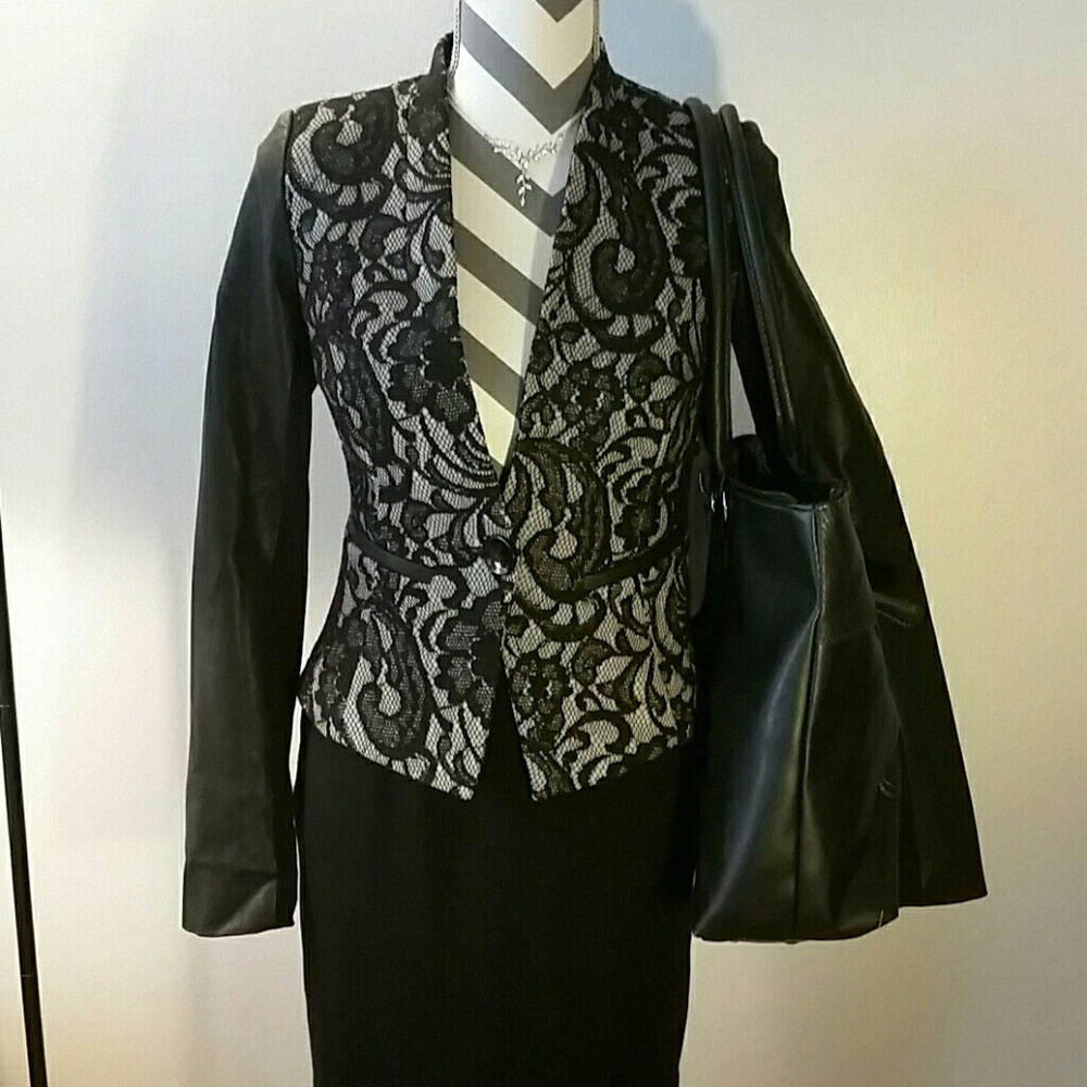 Black lace over gray blazer w/ faux leather