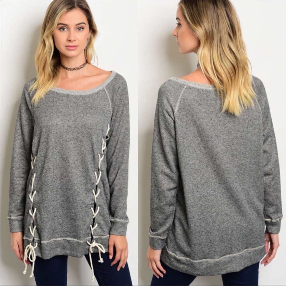 W/ GIFT GREY LACE UP SWEATER