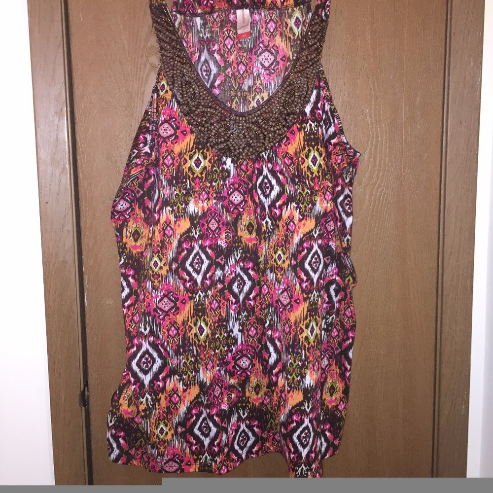 Pink and brown patterned tank top w/ beaded collar
